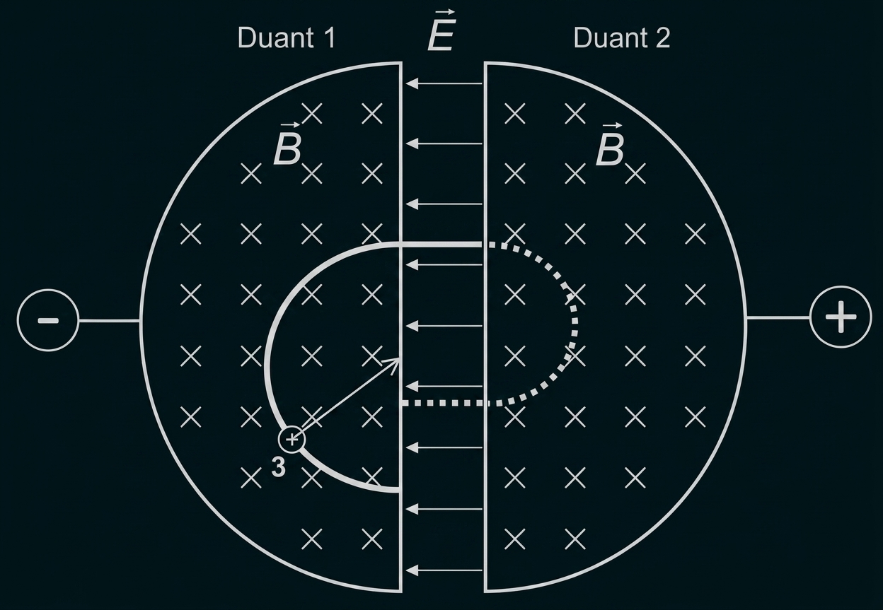 Schematische Physikgrafik mit Magnetfeld, zwei Kugelhälften und Ladungspfeilen